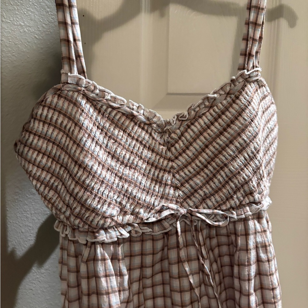 Brown and White Plaid Spaghetti Strap babydoll top